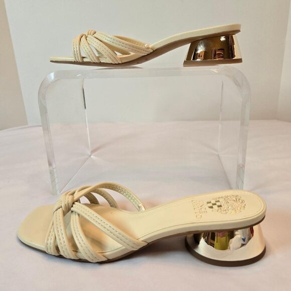 VINCE CAMUTO Laniah Leather Sandals  Block Heel Women Sz 7.5 Cream W/ Gold Heel - Picture 8 of 10